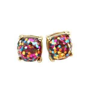 0.38" Multicolor Glitter Resin Stud Earrings – Gold-Tone Sparkle Cushion